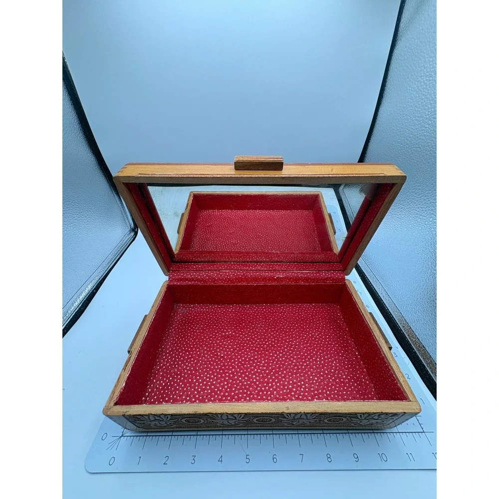Vintage Cedar Wood Jewelry Box Carved Floral Landscape Mirror Red Lining